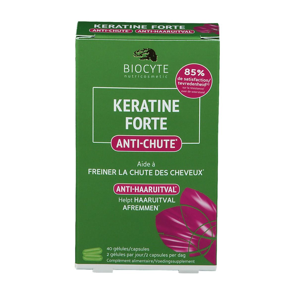 Groene doos Keratine Forte Anti-Chute. Merk Biocyte. Bevat 40 capsules. Tekst in Frans en Nederlands.