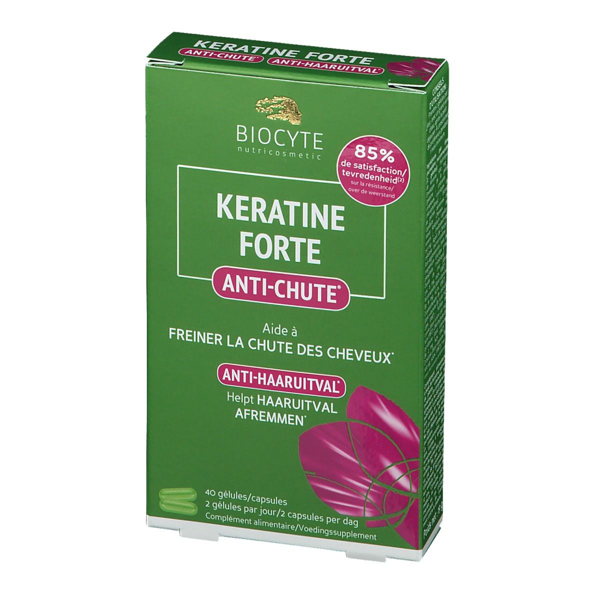 Groene doos Keratine Forte Anti-Chute. Merk Biocyte. Bevat 40 capsules. Tekst in Frans en Nederlands.