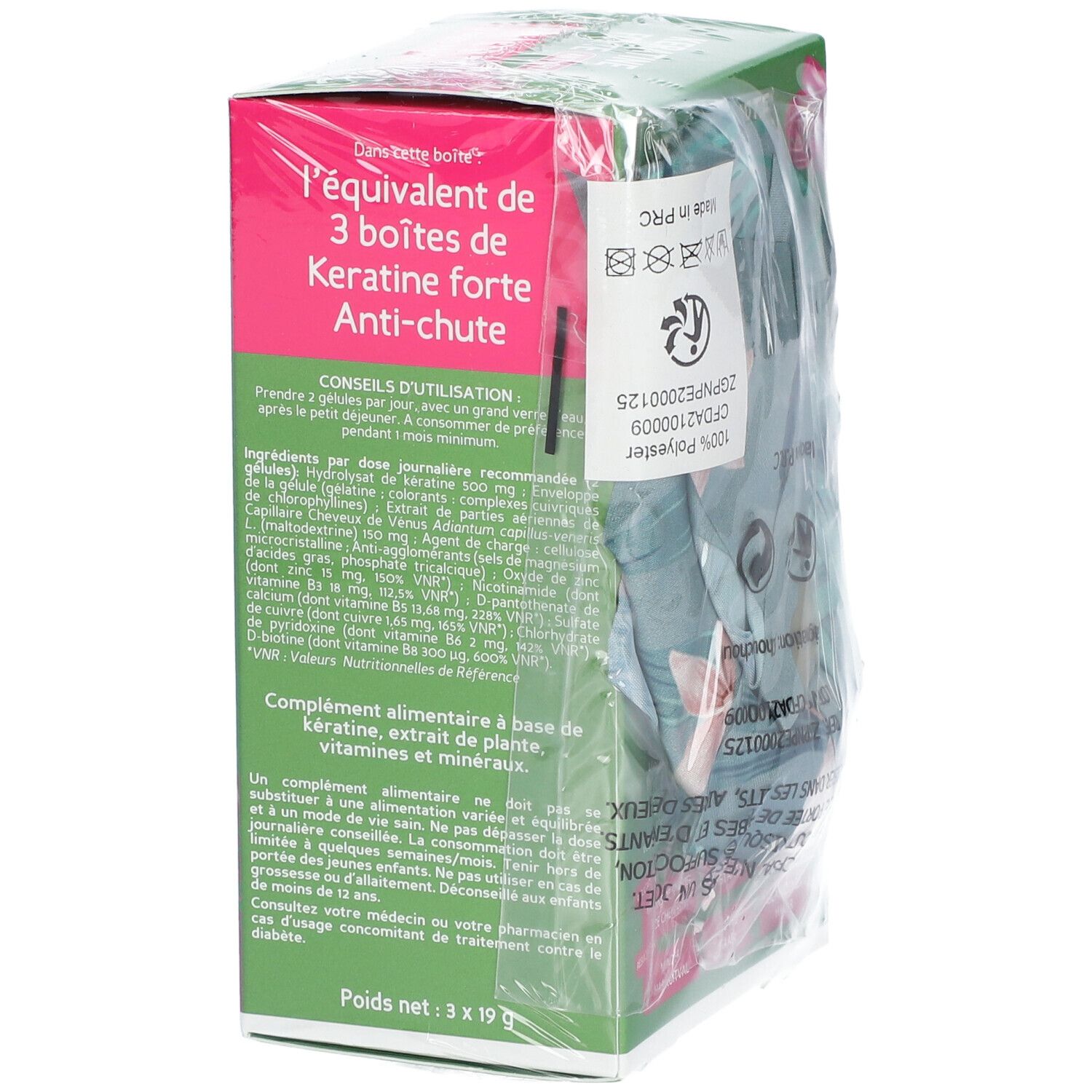 Dos de la boîte verte emballée Biocyte Keratine Forte Anti-Chute. Texte: Keratine Forte, Anti-chute. Ingrédients.