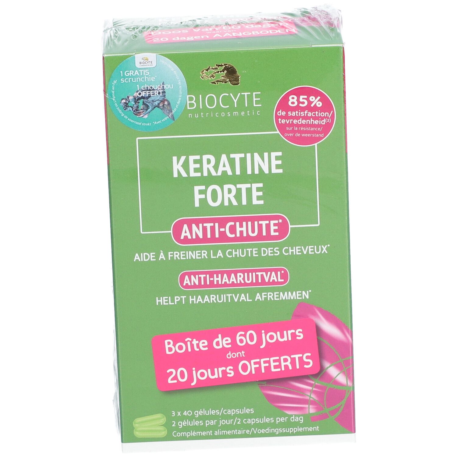 Boîte verte Biocyte Keratine Forte Anti-Chute. Texte: Keratine Forte, Anti-chute. Contient 60 jours, dont 20 offerts.