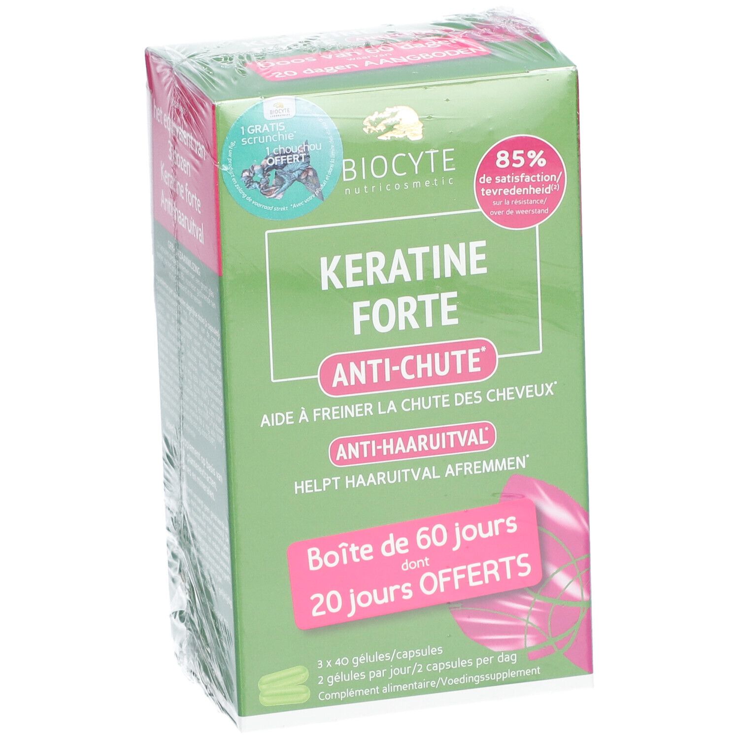 Boîte verte Biocyte Keratine Forte Anti-Chute. Texte: Keratine Forte, Anti-chute. Contient 60 jours, dont 20 offerts.