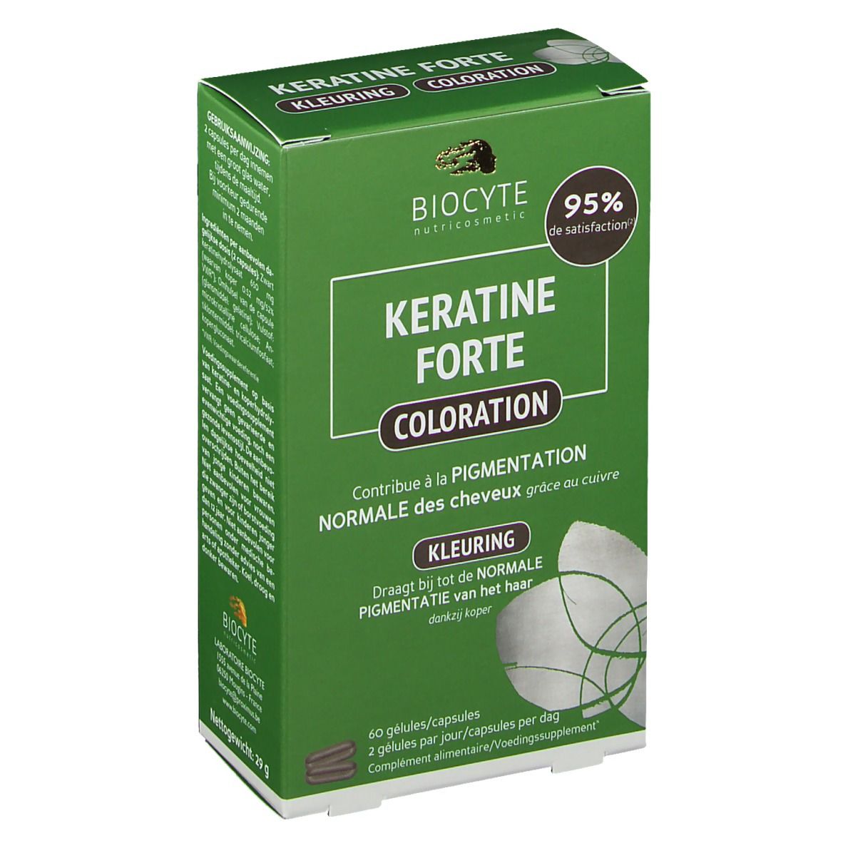 Grüne Schachtel mit BIOCYTE KERATINE FORTE COLORATION. Enthält 60 Kapseln. Text in Deutsch, Französisch und Niederländisch. 95% Zufriedenheit.