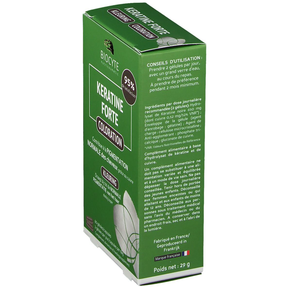 Grüne Schachtel BIOCYTE KERATINE FORTE COLORATION. Enthält Informationen zur Anwendung und Inhaltsstoffe. Text in Deutsch, Französisch und Niederländisch. Gewicht 29g.
