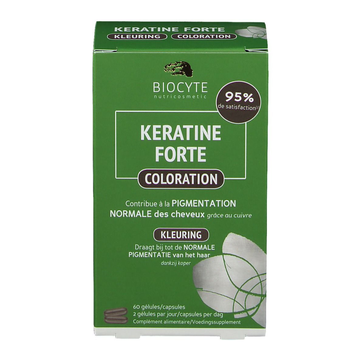 Grüne Schachtel BIOCYTE KERATINE FORTE COLORATION. Enthält 60 Kapseln. Text in Deutsch, Französisch und Niederländisch. 95% Zufriedenheit.