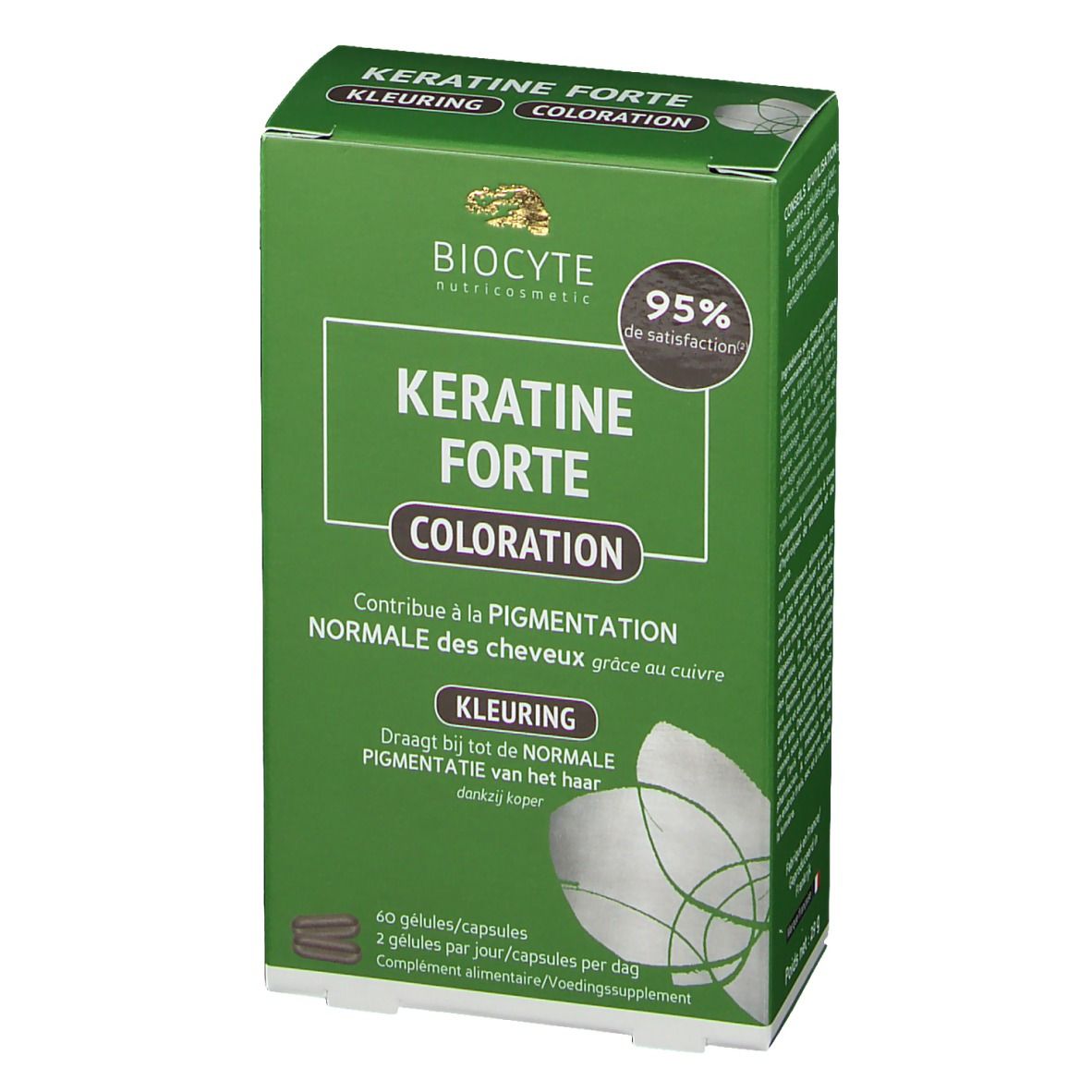 Grüne Schachtel BIOCYTE KERATINE FORTE COLORATION. Enthält 60 Kapseln. Text in Deutsch, Französisch und Niederländisch. 95% Zufriedenheit.