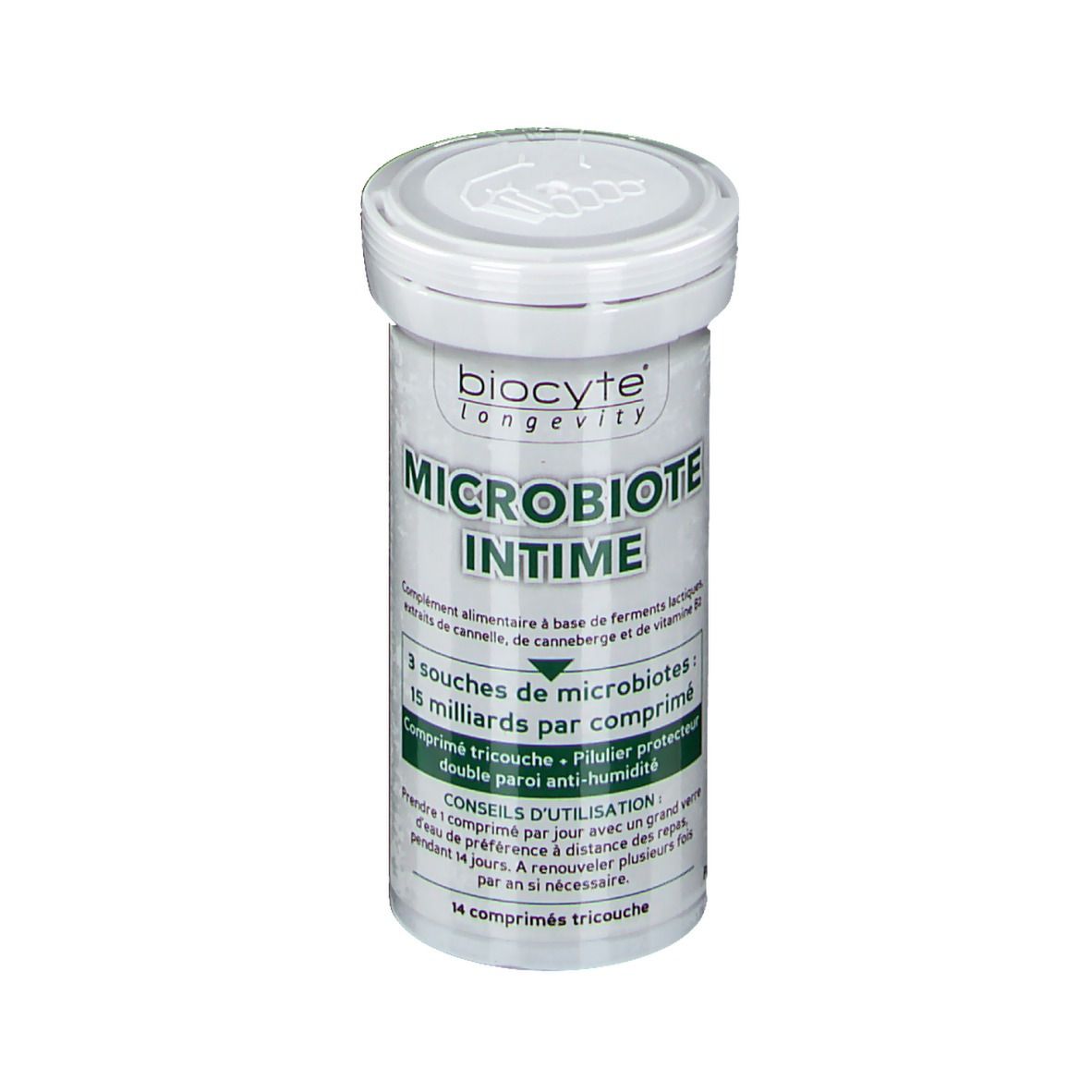 Witte cilindervormige fles. Opschrift: BIOCYTE Intim-Mikrobiota. Franse tekst.