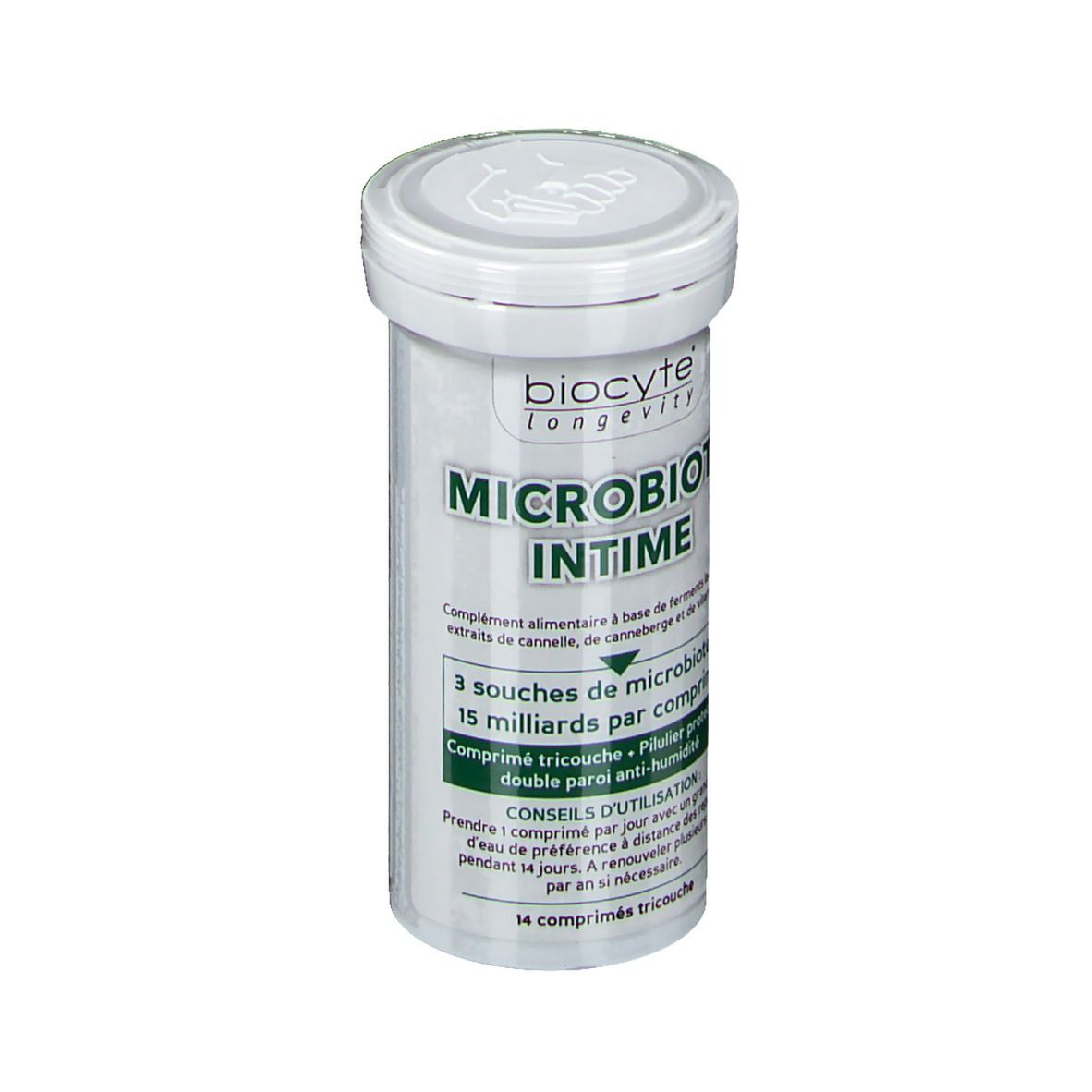 Witte cilindervormige fles. Opschrift: BIOCYTE Intim-Mikrobiota. Franse tekst.