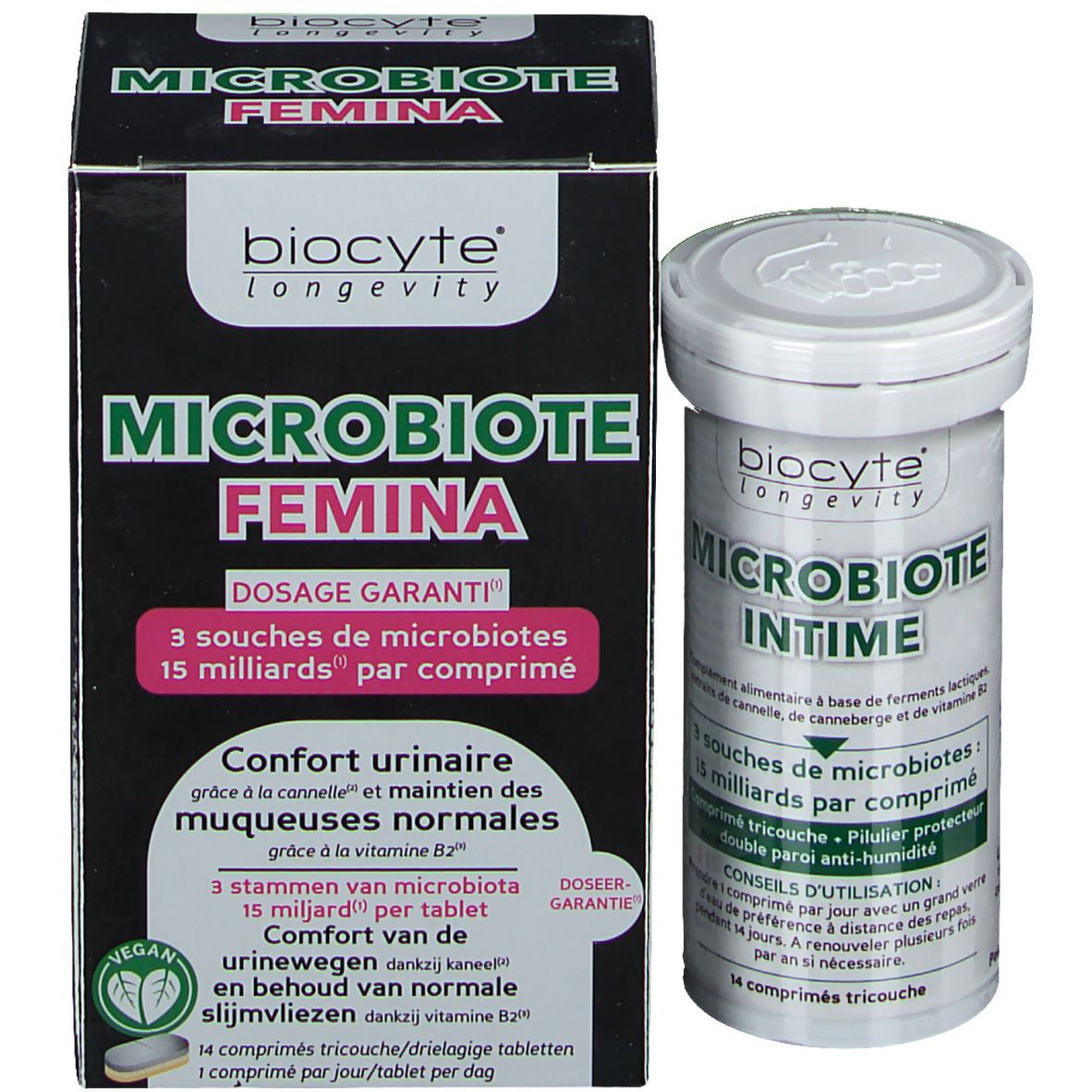 Verpakking en fles. Opschrift: BIOCYTE Intim-Mikrobiota. Franse en Nederlandse tekst.