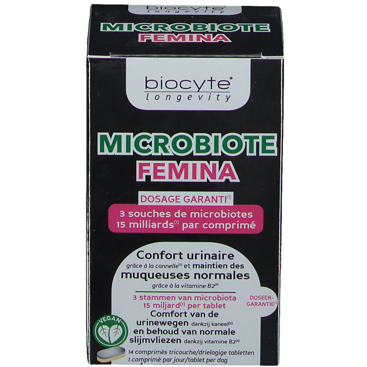 Productverpakking. Opschrift: BIOCYTE Femina. Franse en Nederlandse tekst.