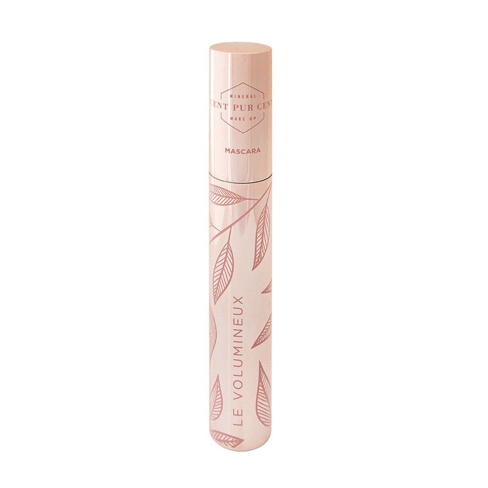 Tube de mascara. Design rose doré avec feuilles. Texte: LE VOLUMINEUX, CENT PUR CENT.