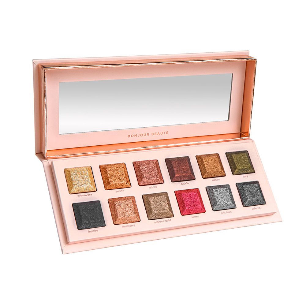 Palette de fards à paupières ouverte avec 10 couleurs et miroir. Bonjour Beauté.