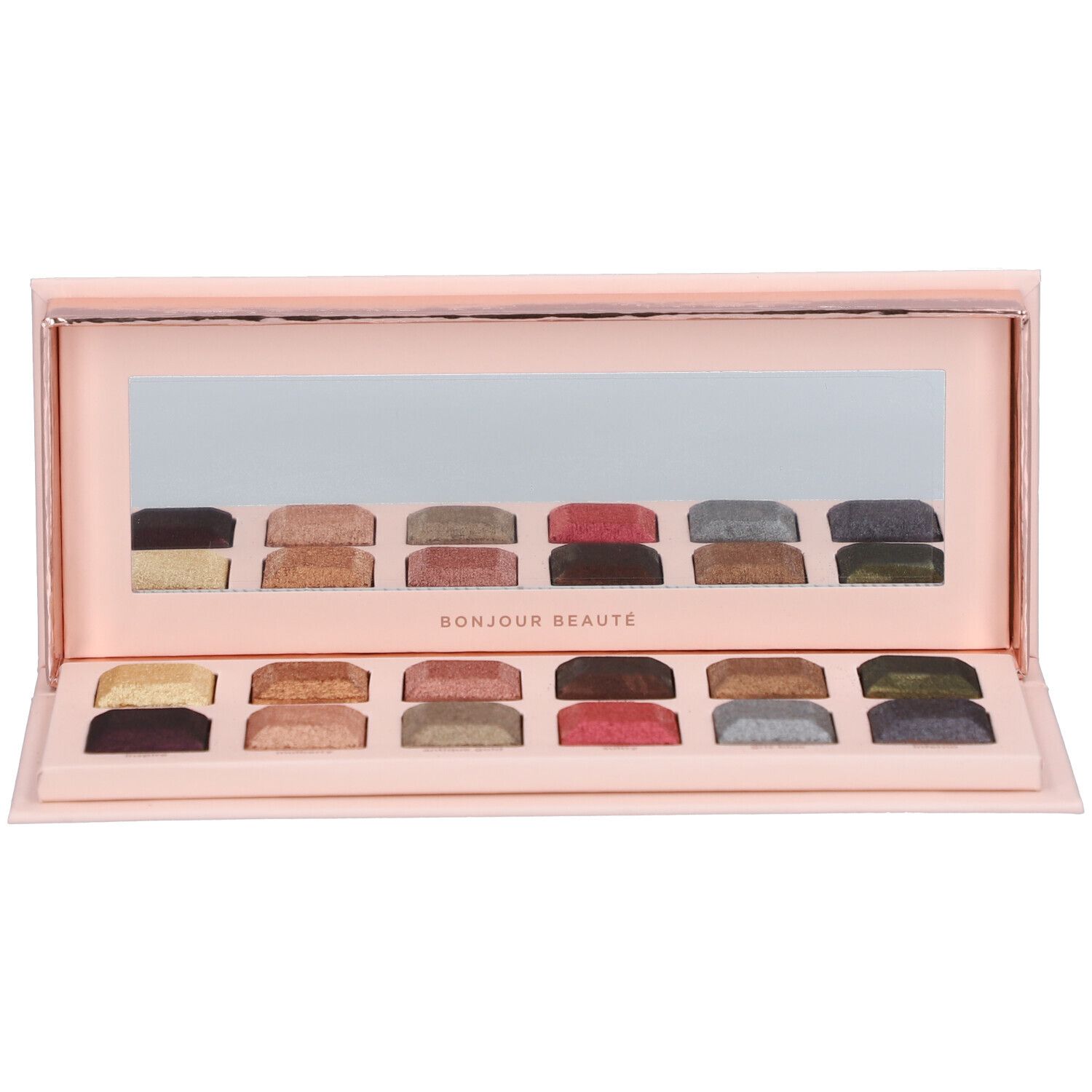Palette de fards à paupières avec 18 couleurs et miroir. Inscription Bonjour Beauté.
