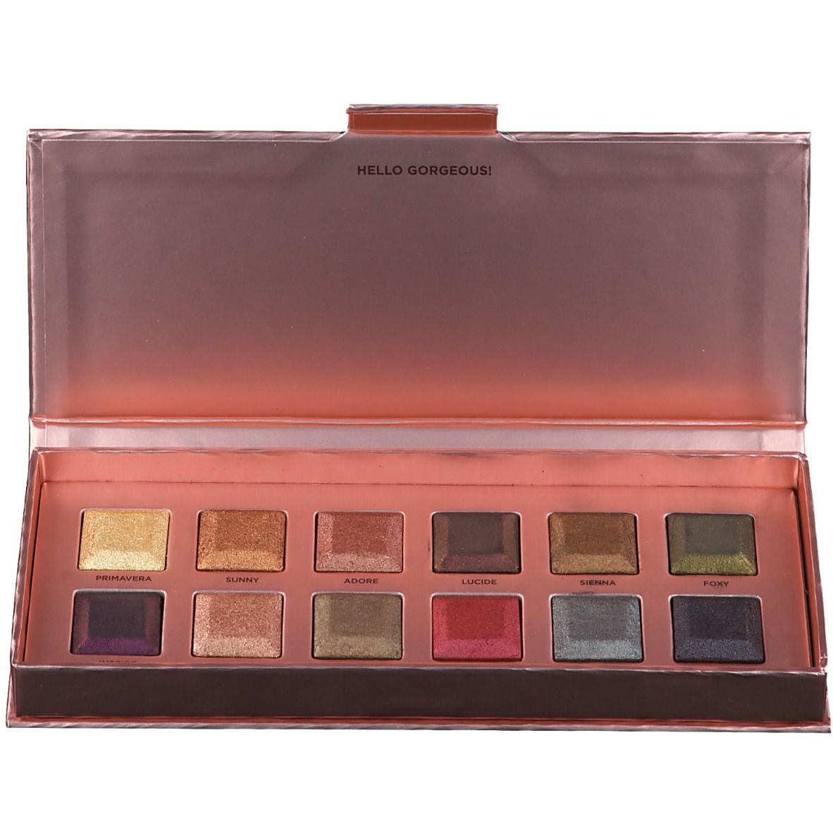 Palette de fards à paupières ouverte avec 10 couleurs. Inscription : HELLO GORGEOUS!