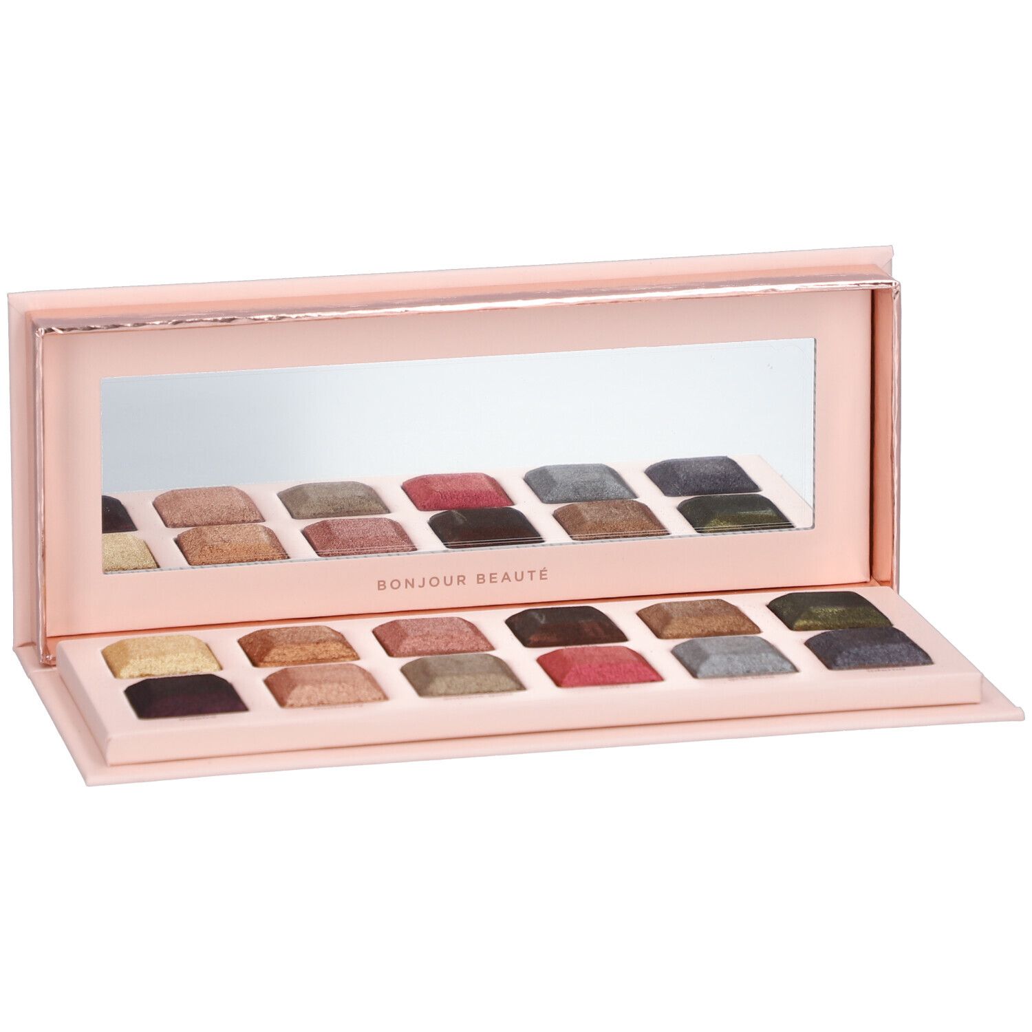 Palette de fards à paupières avec 18 couleurs et miroir. Inscription Bonjour Beauté.