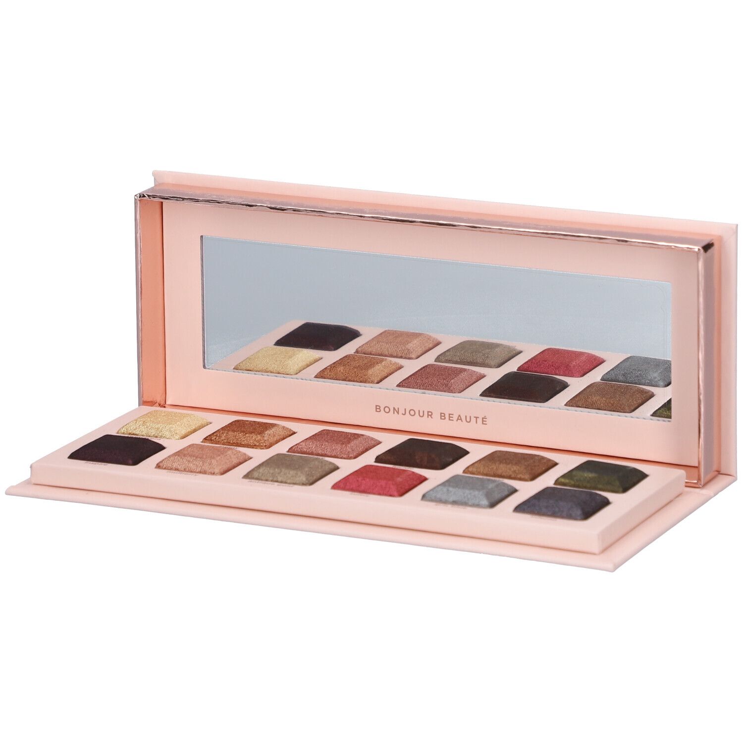 Palette de fards à paupières avec 18 couleurs et miroir. Inscription Bonjour Beauté.