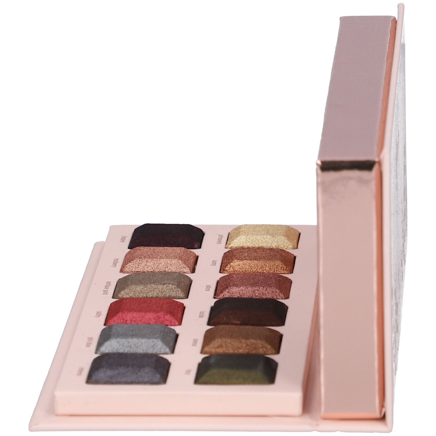 Palette de fards à paupières ouverte avec 18 couleurs. Inscription Bonjour Beauté.