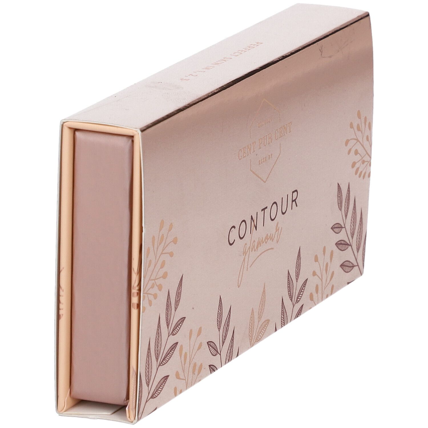 Gesloten, rechthoekige cosmeticaverpakking. Roze-goudkleurig met bloemmotief en belettering.