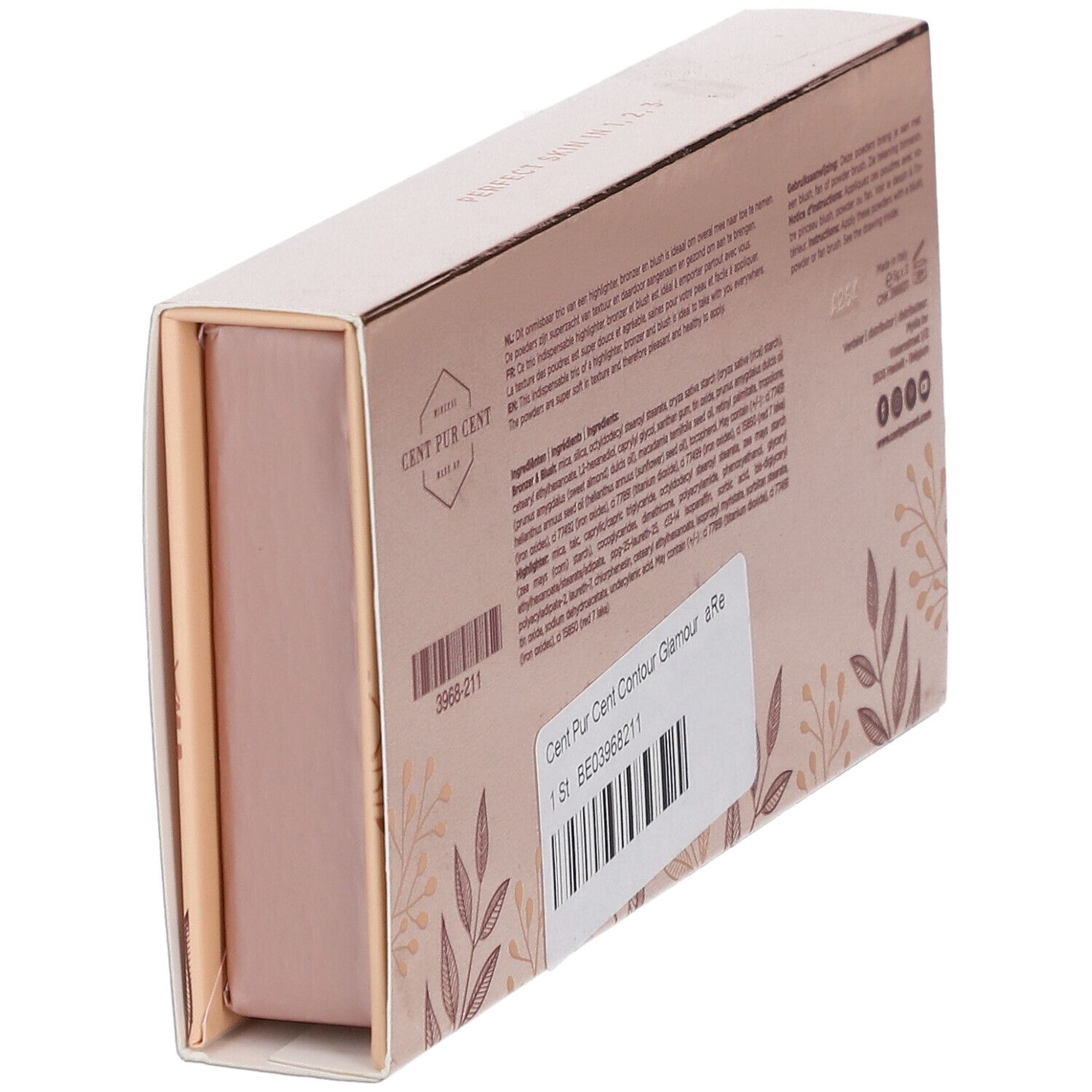Schuine weergave van de cosmeticaverpakking. Tekst met ingrediënten en fabrikantinfo.