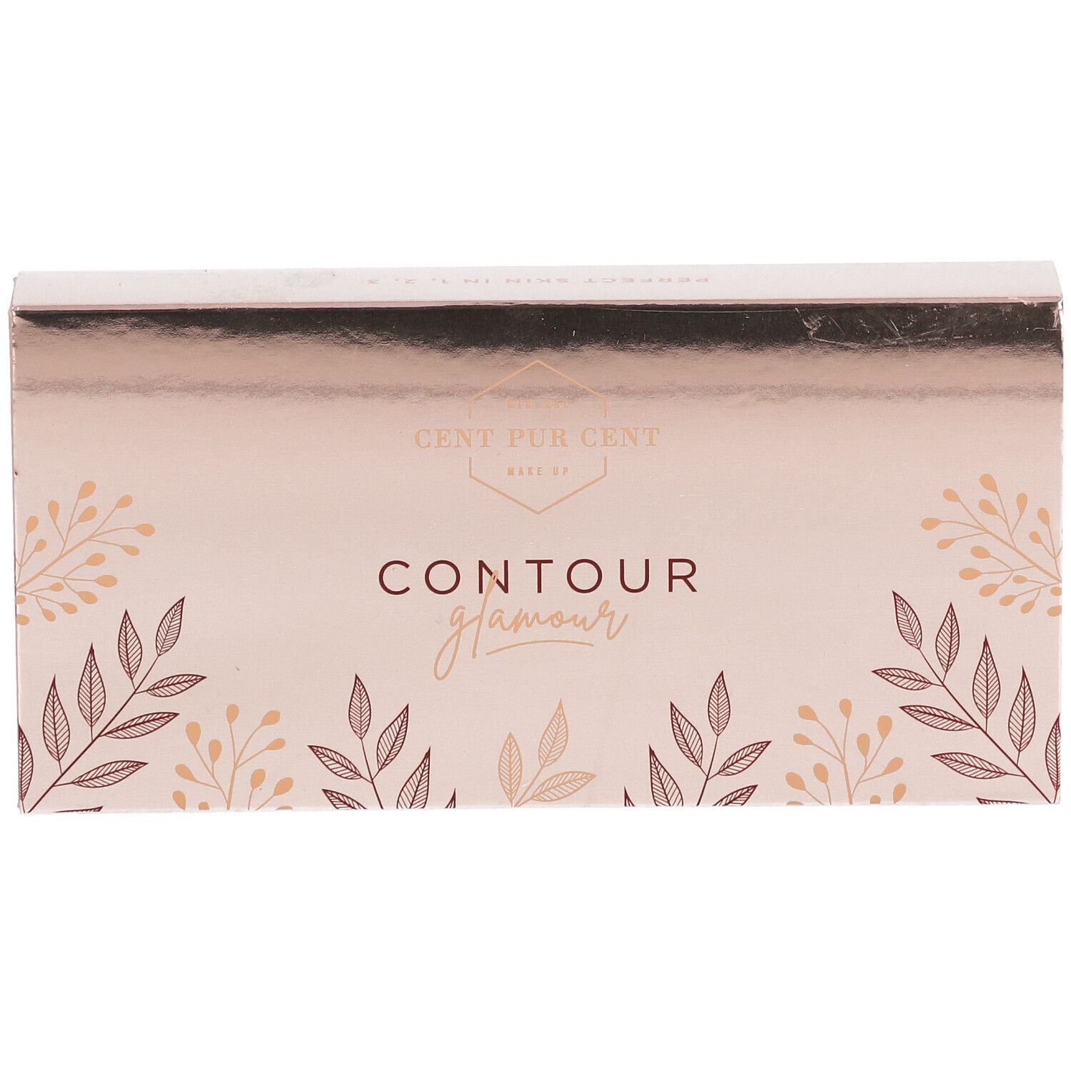 Gesloten cosmeticaverpakking. Roze-goudkleurig met bloemmotief en belettering.