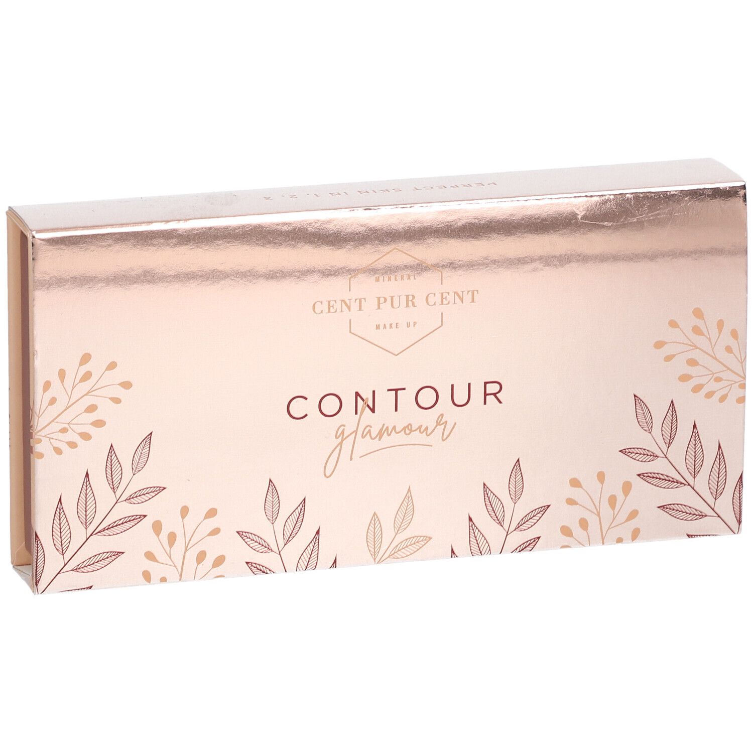Gesloten cosmeticaverpakking. Roze-goudkleurig met bloemmotief en belettering.