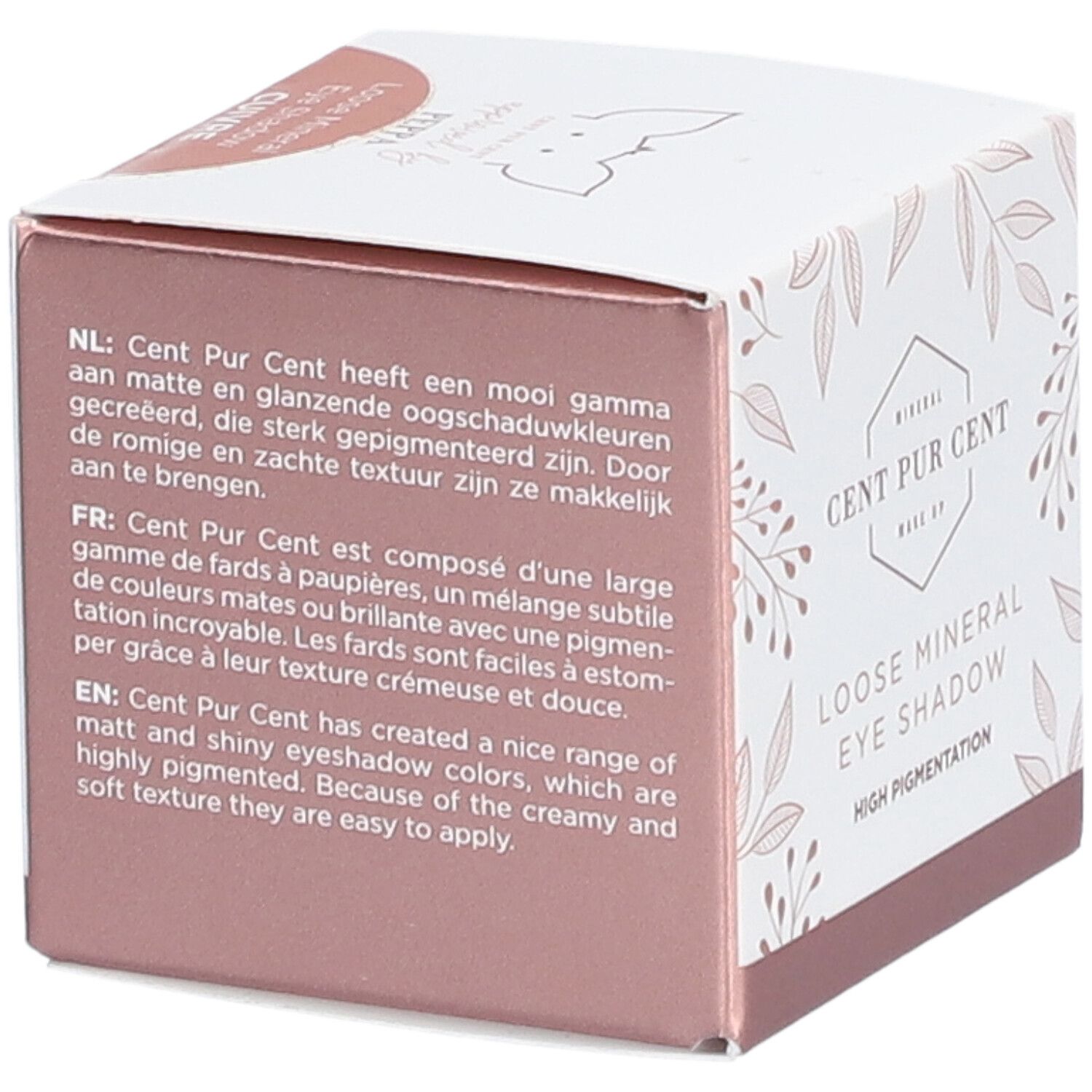 Boîte en carton avec texte en néerlandais, français et anglais. Cent Pur Cent Mineral Eye Shadow.