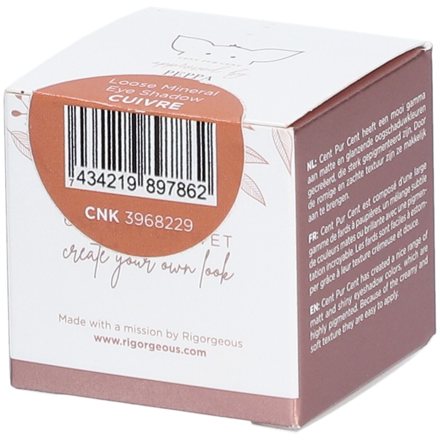 Boîte en carton avec code-barres et nom du produit: Loose Mineral Eye Shadow Cuivre. Logo et texte sur fond blanc.