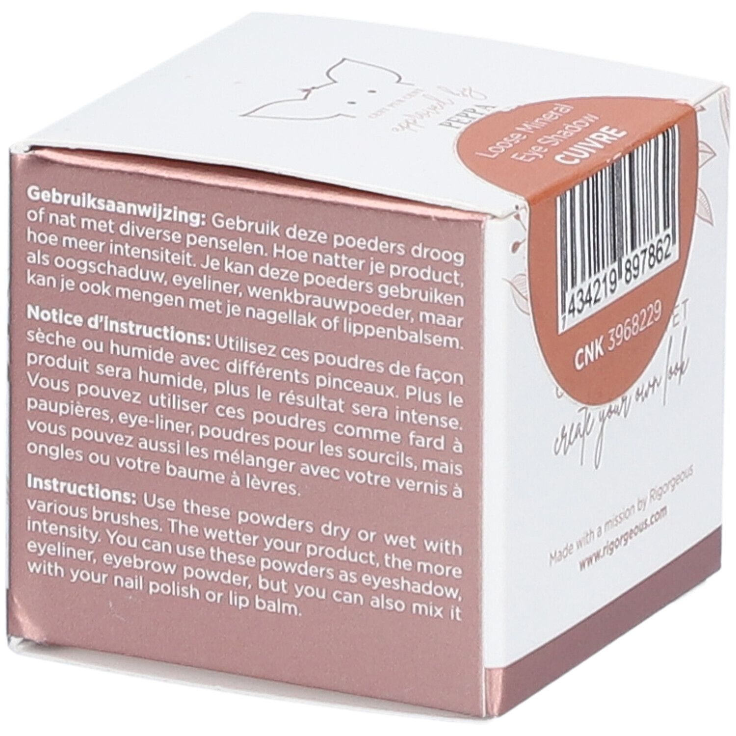 Boîte en carton avec texte multilingue. Cent Pur Cent Mineral Eye Shadow. Code-barres et nom du produit: Cuivre.