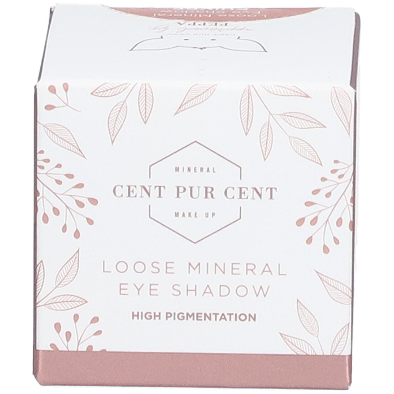 Boîte carrée en carton avec logo et nom du produit: Loose Mineral Eye Shadow. Motifs floraux sur fond blanc.