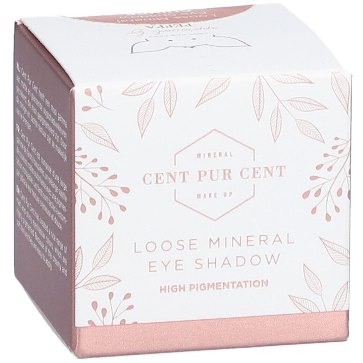 Boîte en carton avec logo et nom du produit: Loose Mineral Eye Shadow. Motifs floraux sur fond blanc.