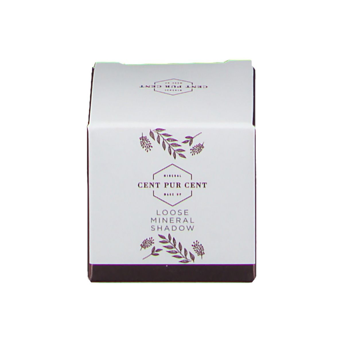 Boîte en carton avec logo et nom du produit: Loose Mineral Shadow. Motifs floraux sur fond blanc.