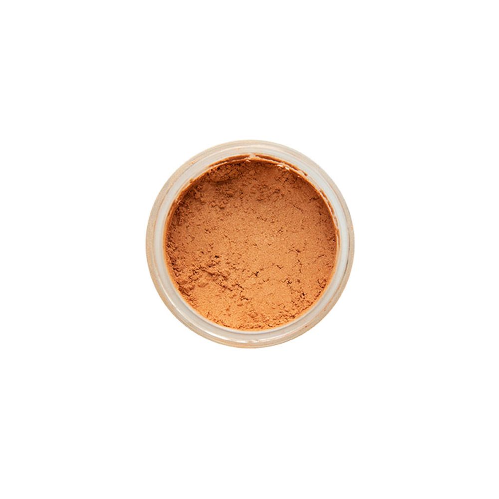 Pot de fard à paupières marron, vue de dessus. Ouvert.