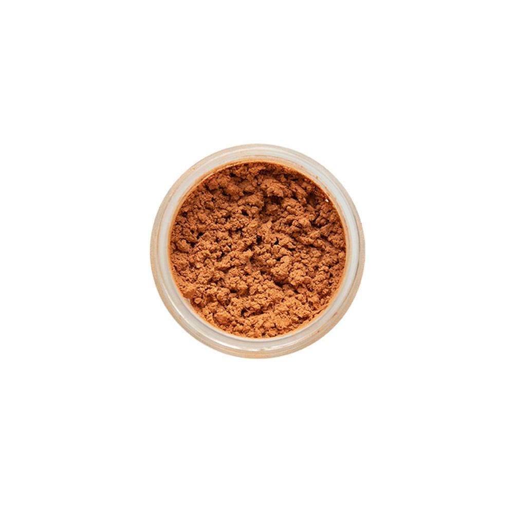 Pot de fard à paupières marron, vue de dessus. Ouvert.