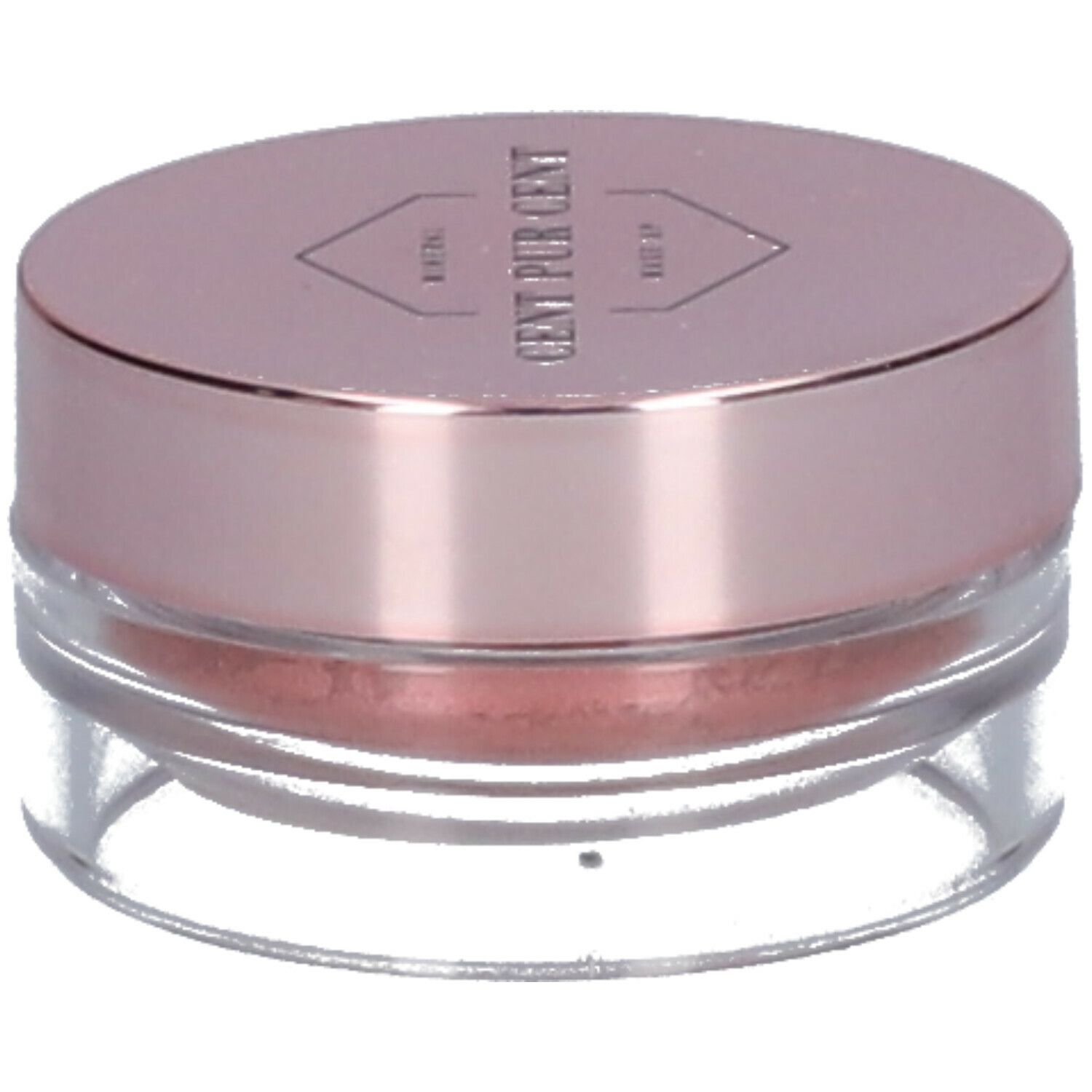 Ronde, transparante pot met roze deksel. Bevat roze minerale oogschaduwpoeder. "CENT PUR CENT" staat op de deksel.