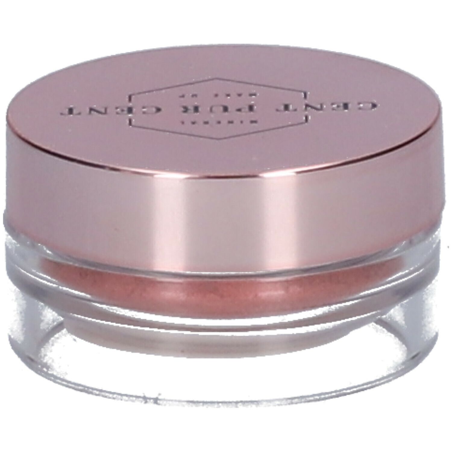 Ronde, transparante pot met roze deksel. Bevat roze minerale oogschaduwpoeder. "CENT PUR CENT" staat op de deksel.