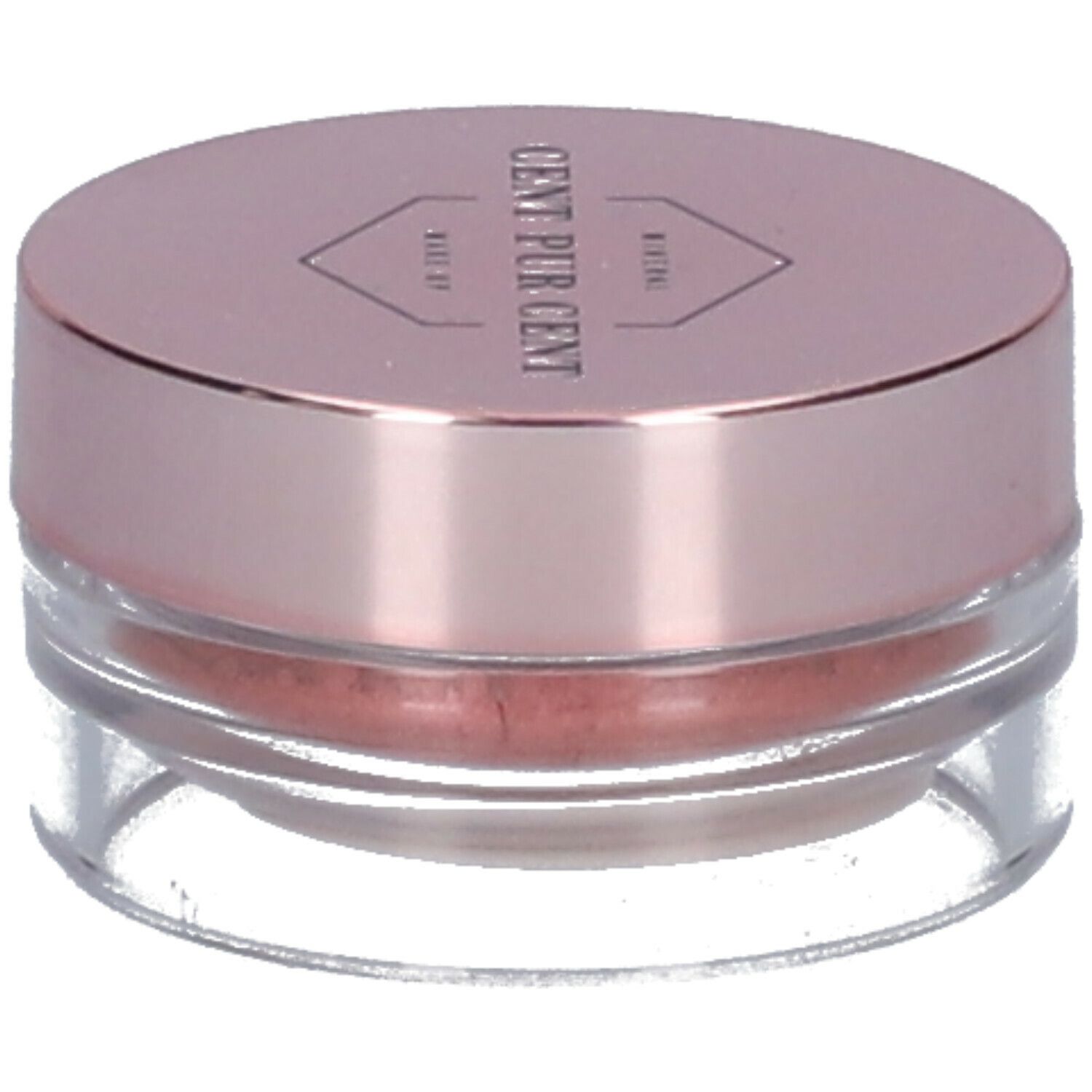 Ronde, transparante pot met roze deksel. Bevat roze minerale oogschaduwpoeder. "CENT PUR CENT" staat op de deksel.