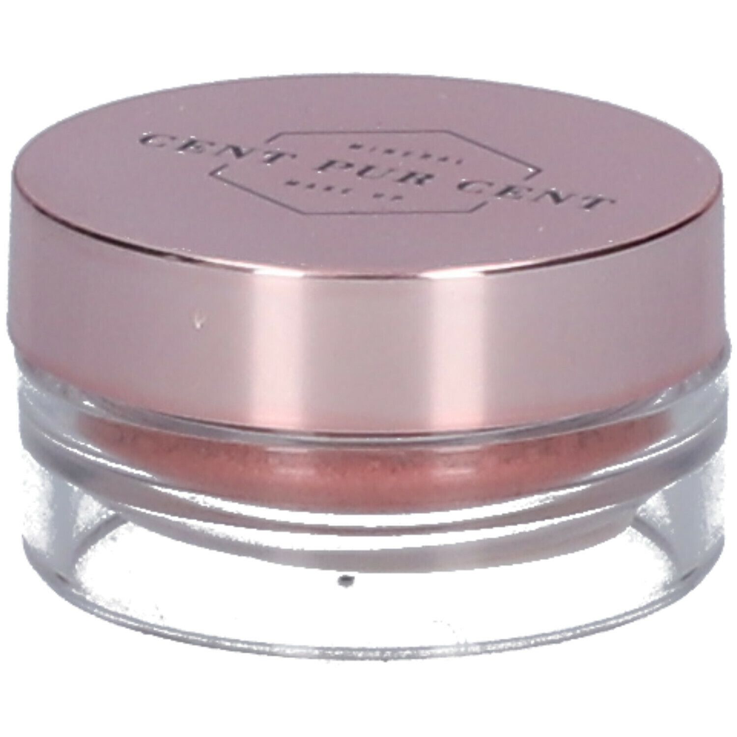 Ronde, transparante pot met roze deksel. Bevat roze minerale oogschaduwpoeder. "CENT PUR CENT" staat op de deksel.