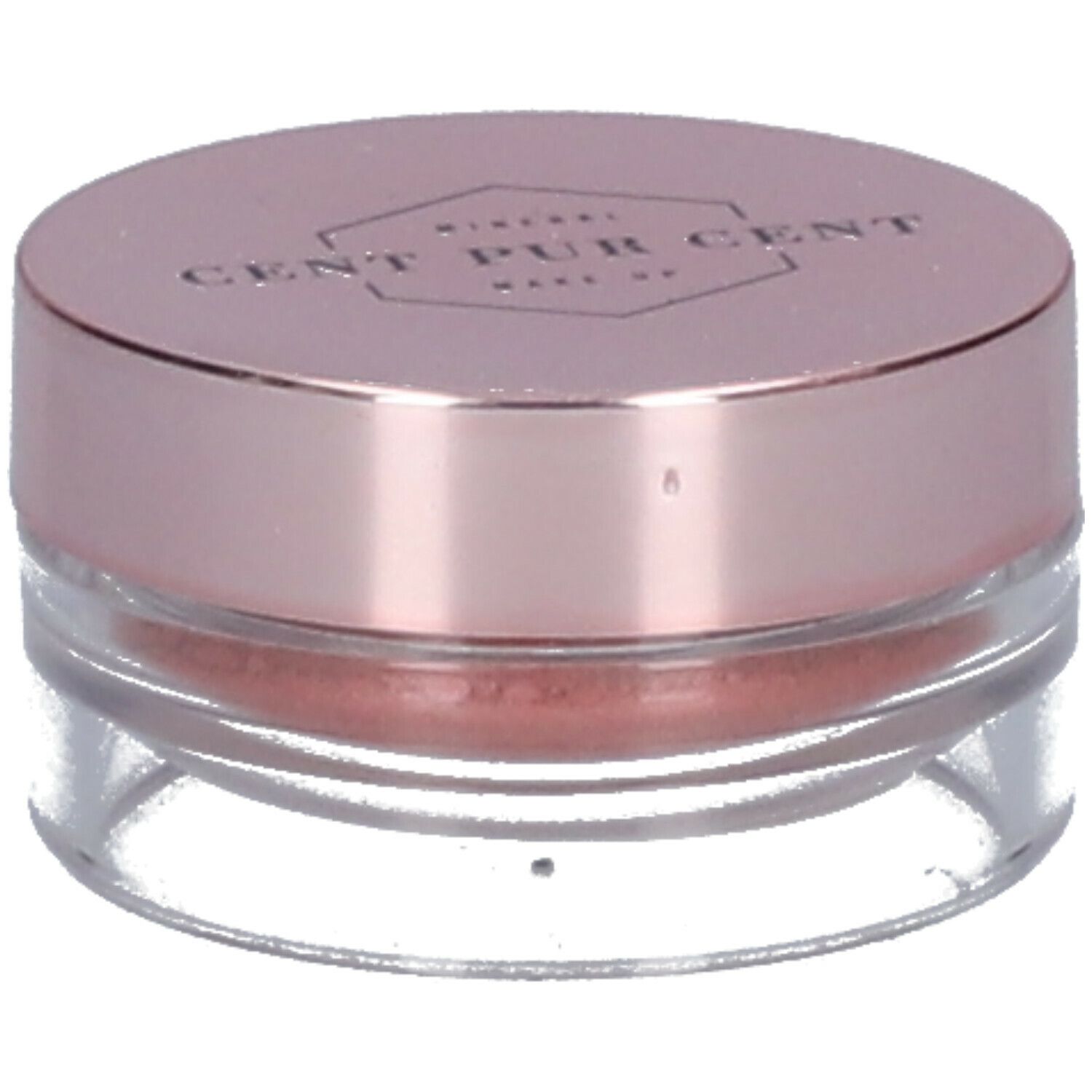 Ronde, transparante pot met roze deksel. Bevat roze minerale oogschaduwpoeder. "CENT PUR CENT" staat op de deksel.