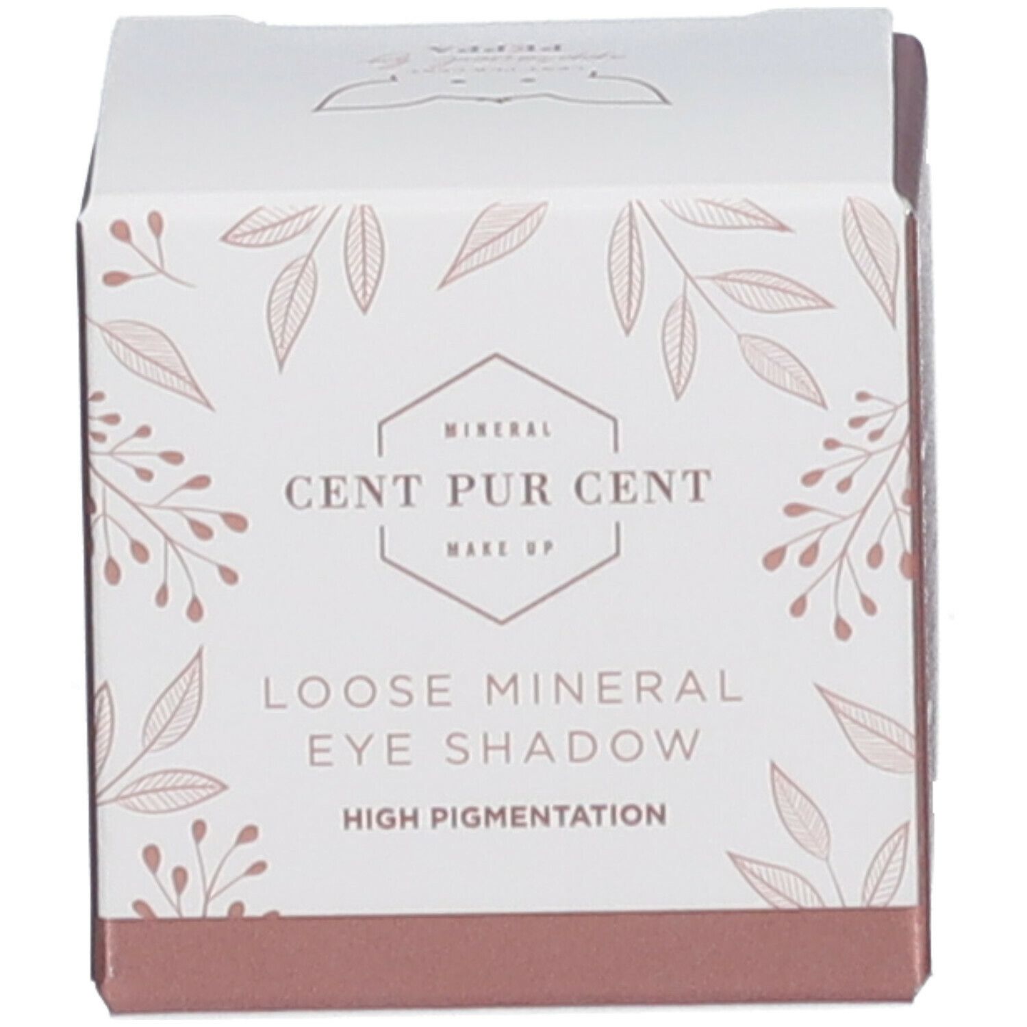 Witte doos met productinformatie. "CENT PUR CENT" en "LOOSE MINERAL EYE SHADOW" staan op de voorkant.