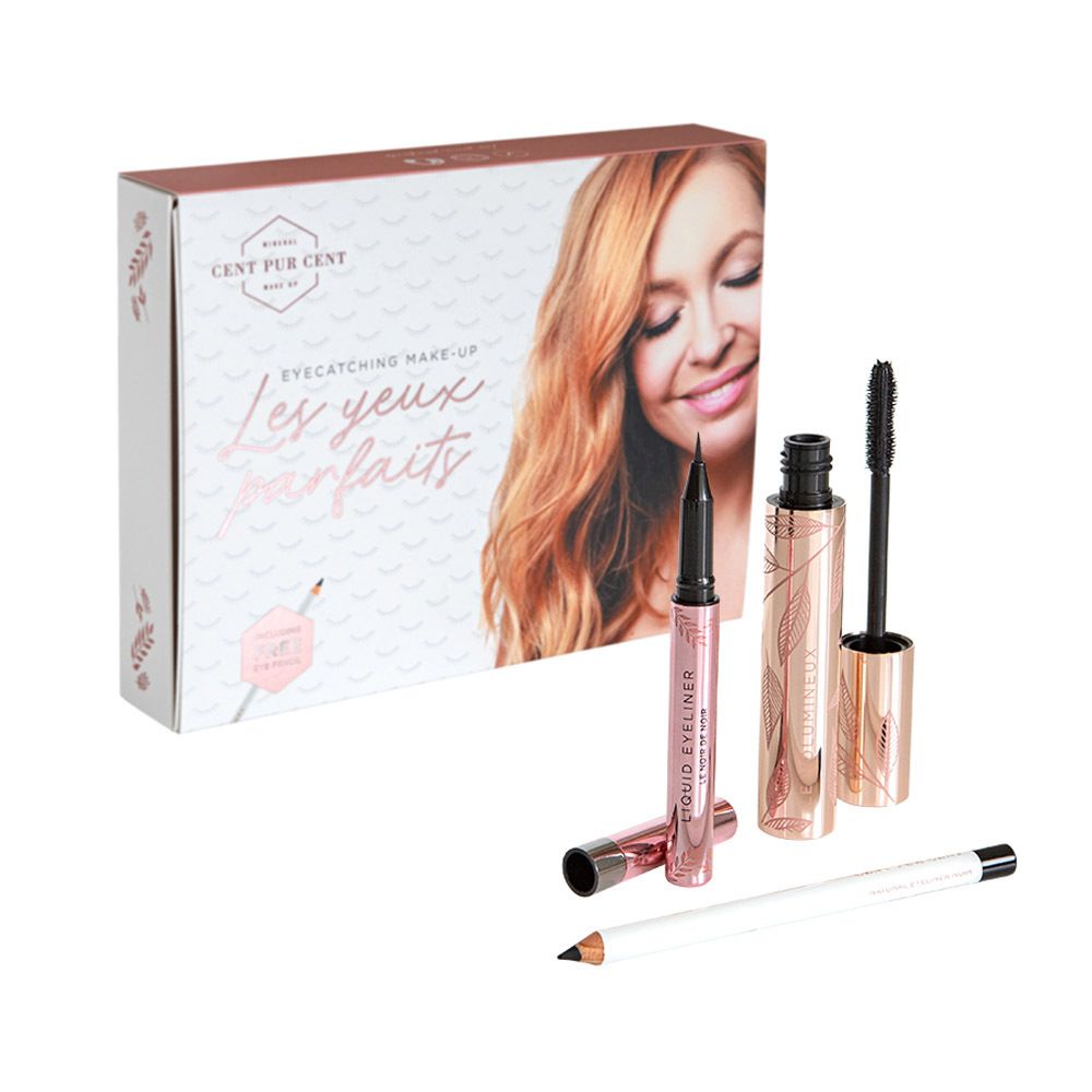 Coffret maquillage. Contient mascara, eye-liner et crayon. Emballage avec visage de femme.