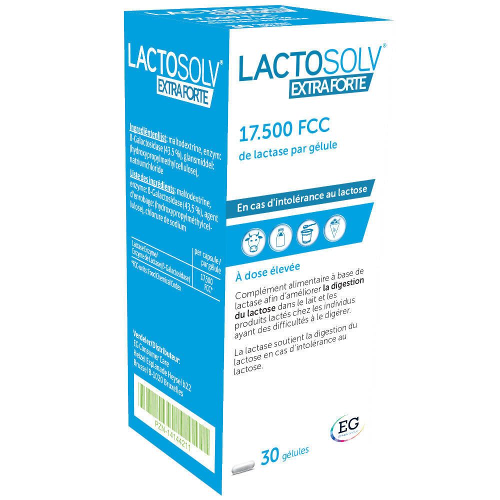 Doos van LACTOSOLV® Extra Forte. Blauw-witte verpakking met info en logo. Bevat 30 capsules.
