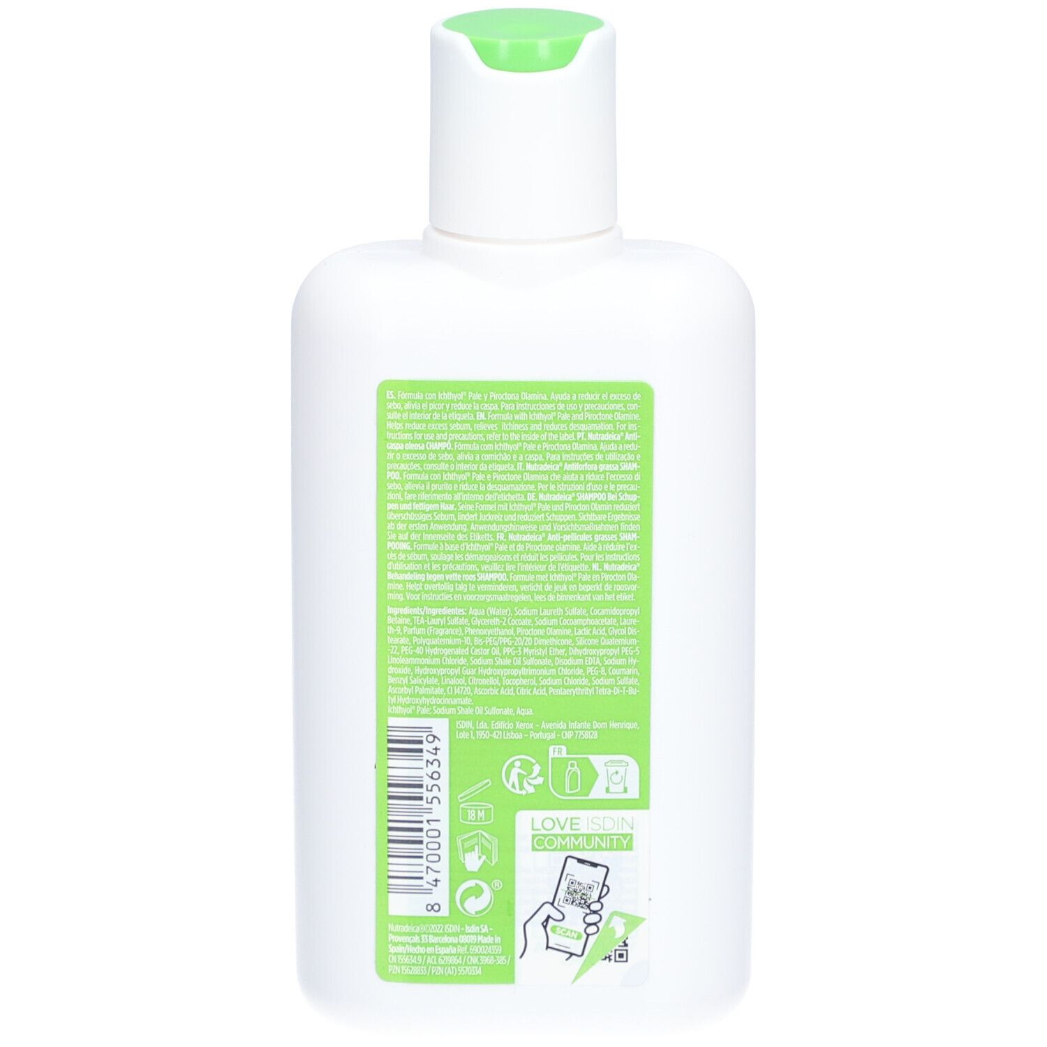 Dos d'un flacon blanc avec étiquette verte. Texte et logos. Code QR et code-barres.