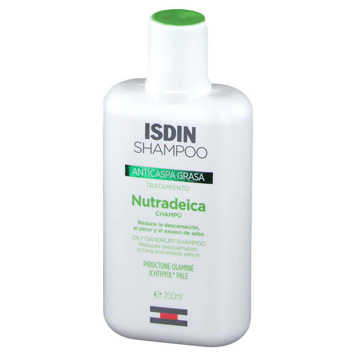 Flacon blanc avec bouchon vert. Inscription: ISDIN Shampoo, Nutradeica, Anticaspa Grasa. Contient 200ml.
