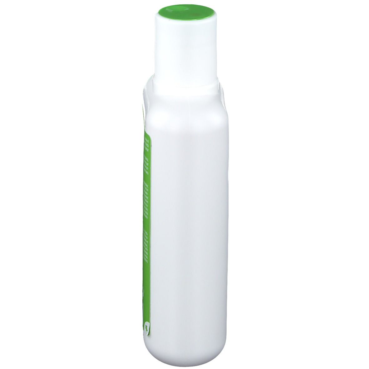 Vue latérale d'un flacon blanc avec bouchon vert. Étiquette avec texte.