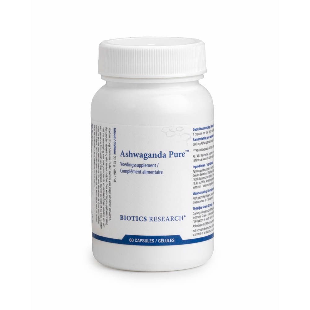 Witte fles met Ashwaganda Pure. Productnaam en merk BIOTICS RESEARCH.