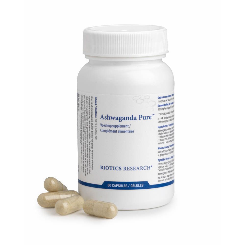 Witte fles met Ashwaganda Pure. Productnaam en merk BIOTICS RESEARCH.