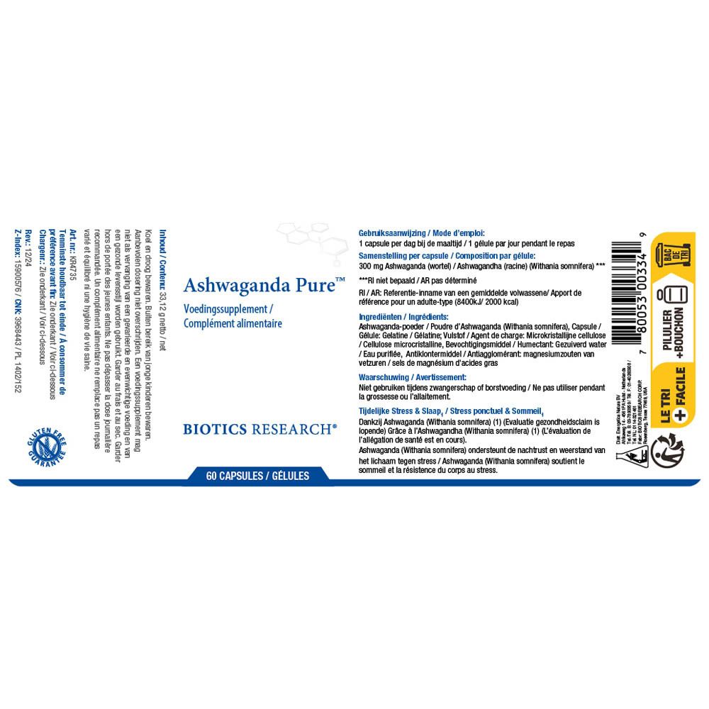 Witte fles met Ashwaganda Pure. Productnaam en merk BIOTICS RESEARCH.