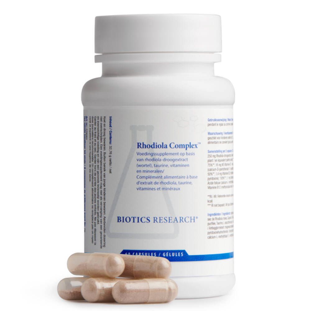 Witte fles met capsules en enkele capsules ernaast. Opschrift: Rhodiola Complex, Biotics Research.