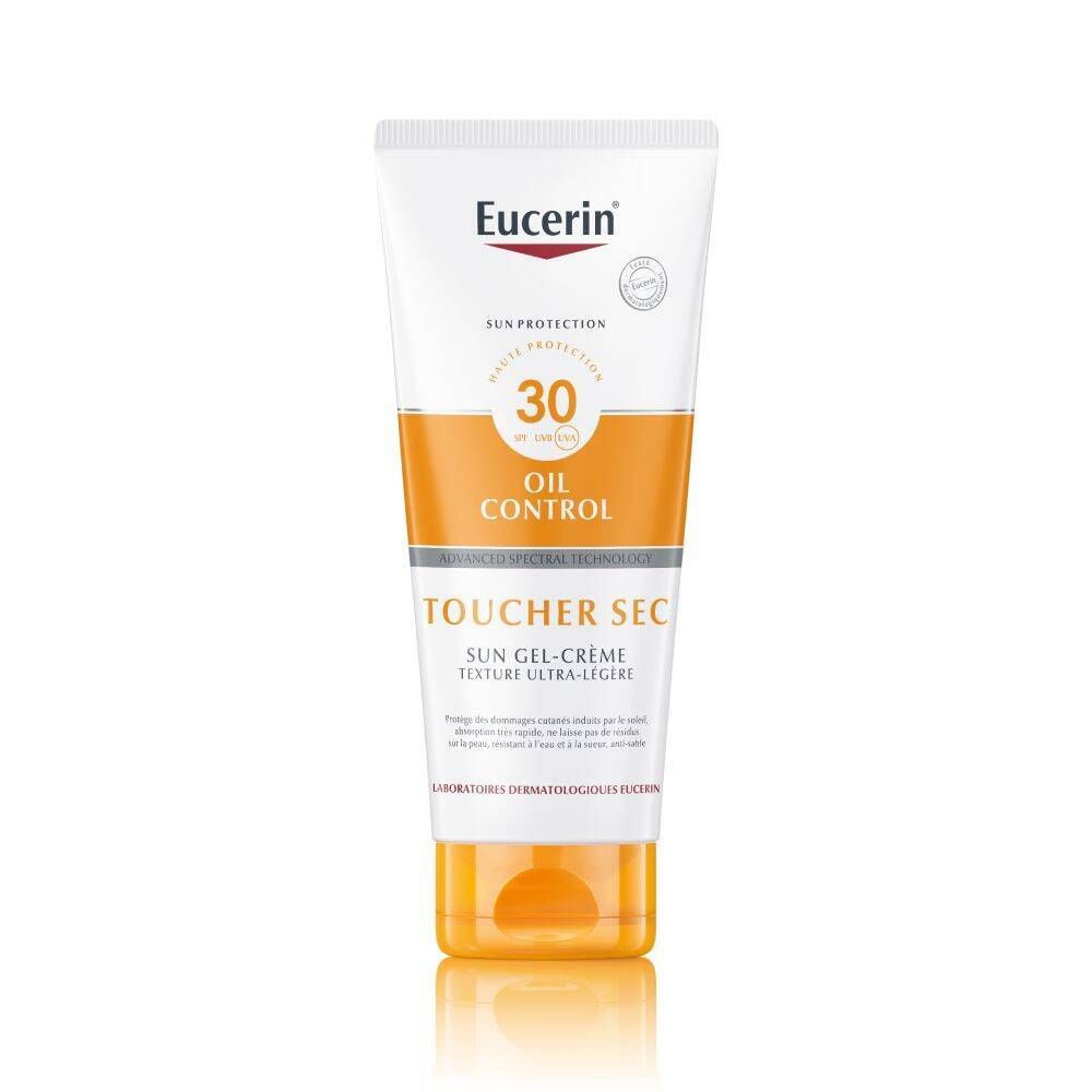 Tube de gel-crème solaire Eucerin LSF 30. Tube blanc, bouchon jaune. Texte et logo.
