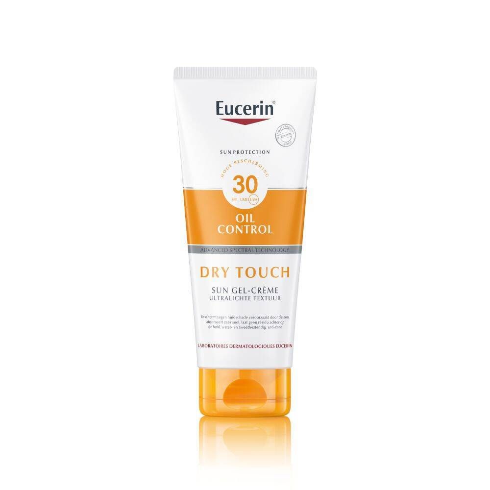 Eucerin Sun Gel-Creme SPF 30. Witte tube met gele dop. Tekst en logo.