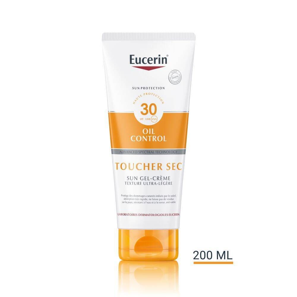 Eucerin Sun Gel-Crème SPF 30. Tube blanc, bouchon jaune. 200 ml.